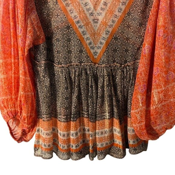 Free People Boho Chic Long-Sleeve Peasant Top With Orange & Black Patterned - Picture 6 of 14